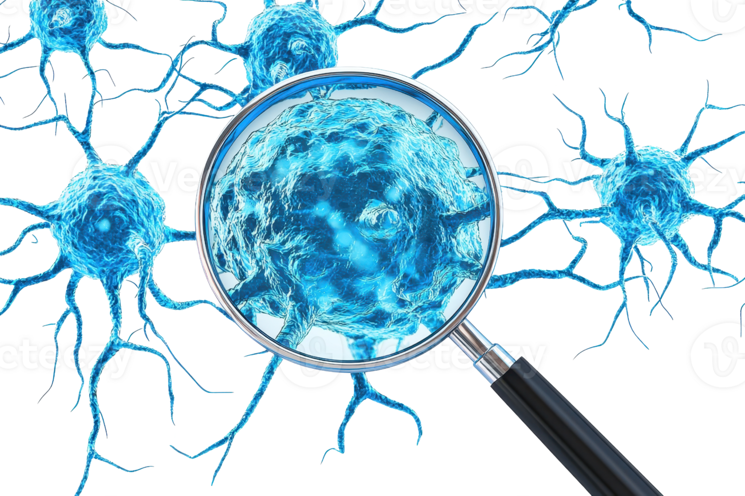 A magnified view of a blue neuron cluster showcasing intricate structures. png