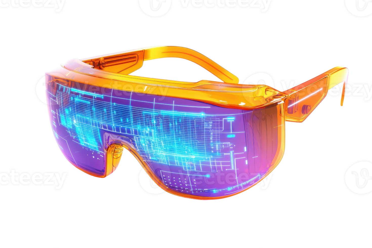 Futuristic glasses featuring vibrant, multicolored lenses with a digital display design. png