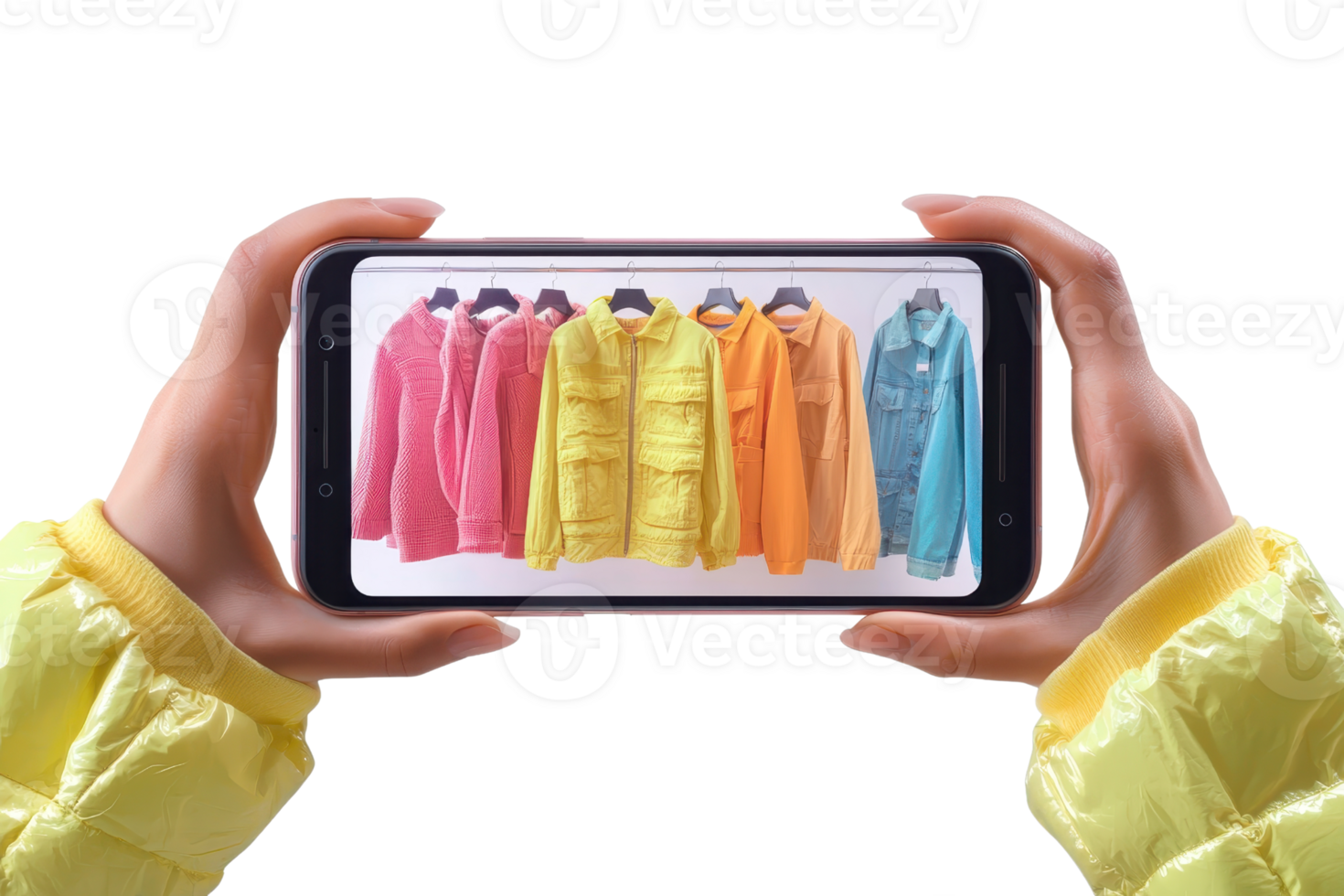 A person holds a smartphone displaying a colorful collection of jackets, showcasing vibrant fashion trends against a transparent background. png