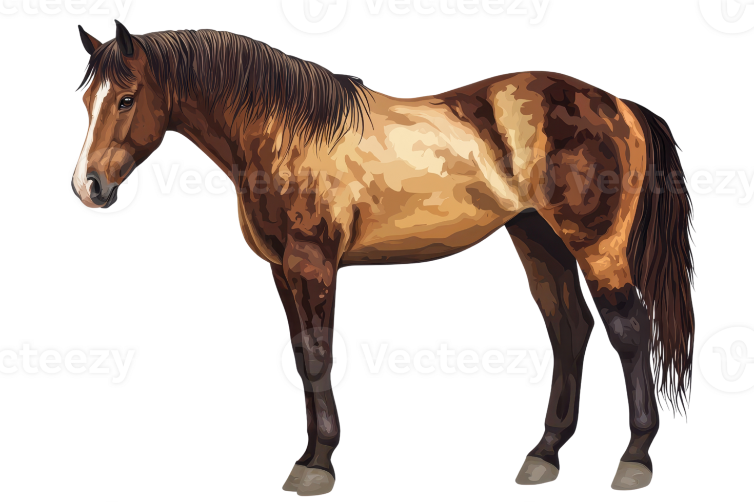 A majestic horse with a glossy coat, showcasing a blend of rich browns and subtle highlights, standing tall and poised. png