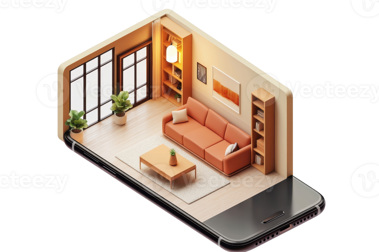 A smartphone shows a cozy interior space featuring a sofa, coffee table, and decorative elements, creating a warm, inviting atmosphere. png
