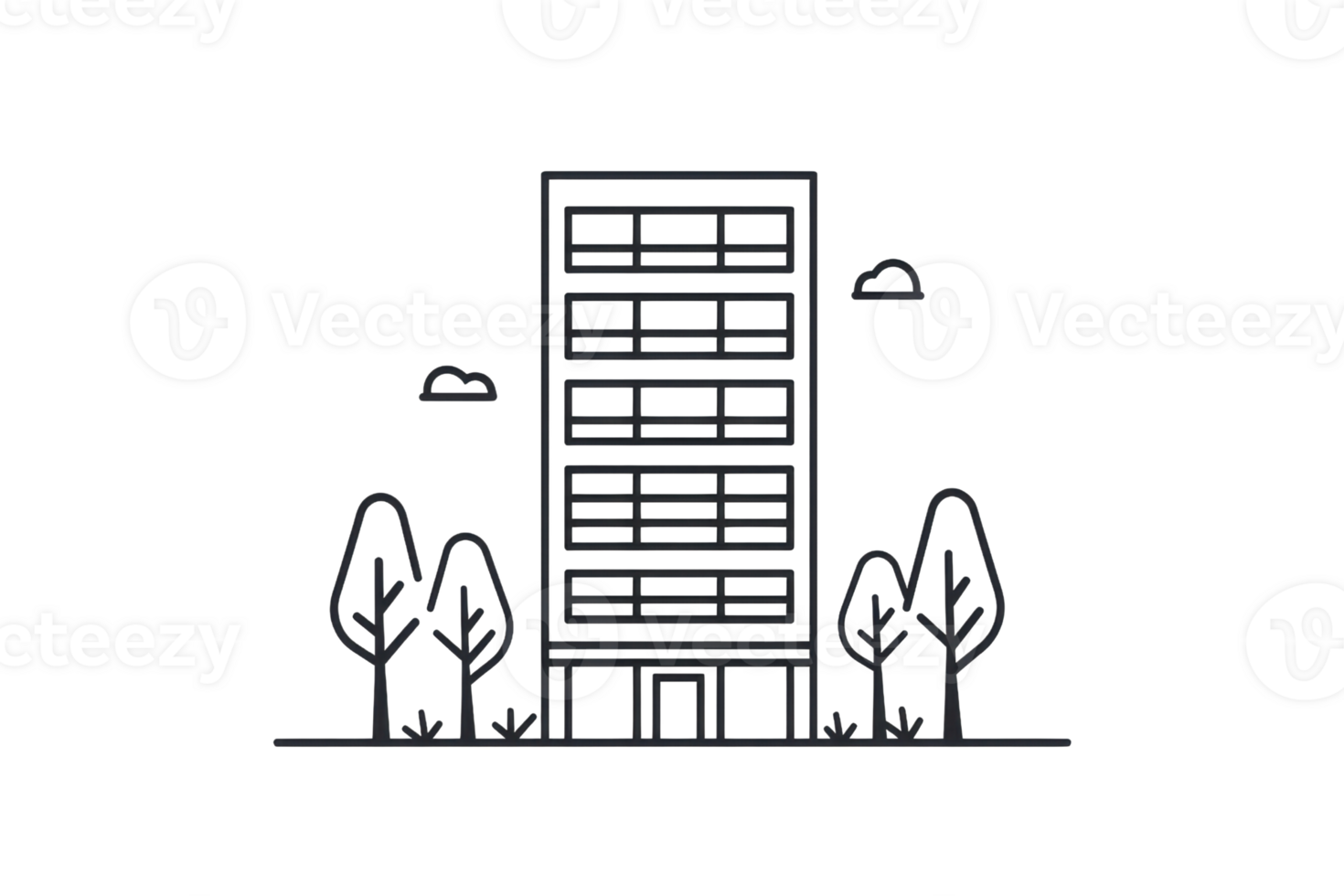 A simple line drawing of a tall building surrounded by trees, featuring multiple windows and a modern architectural style. png