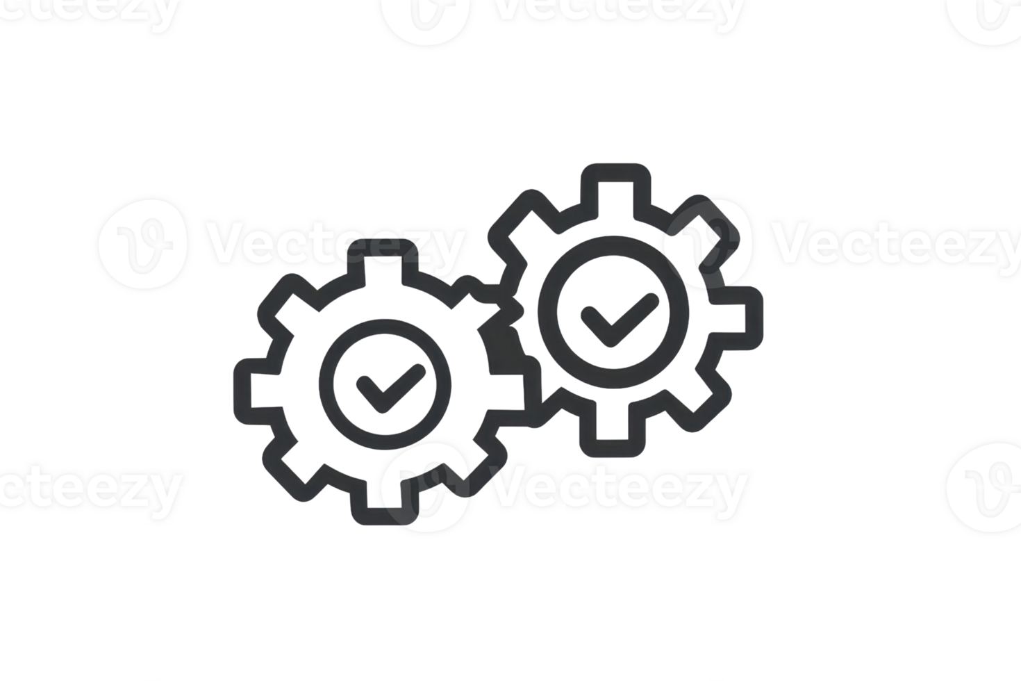 Two interlocking gears with checkmarks, symbolizing efficiency and successful operation. png