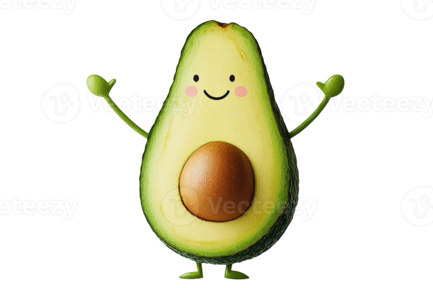 A cheerful, cartoonish avocado with arms and a smiling face, featuring a brown seed in its center. png