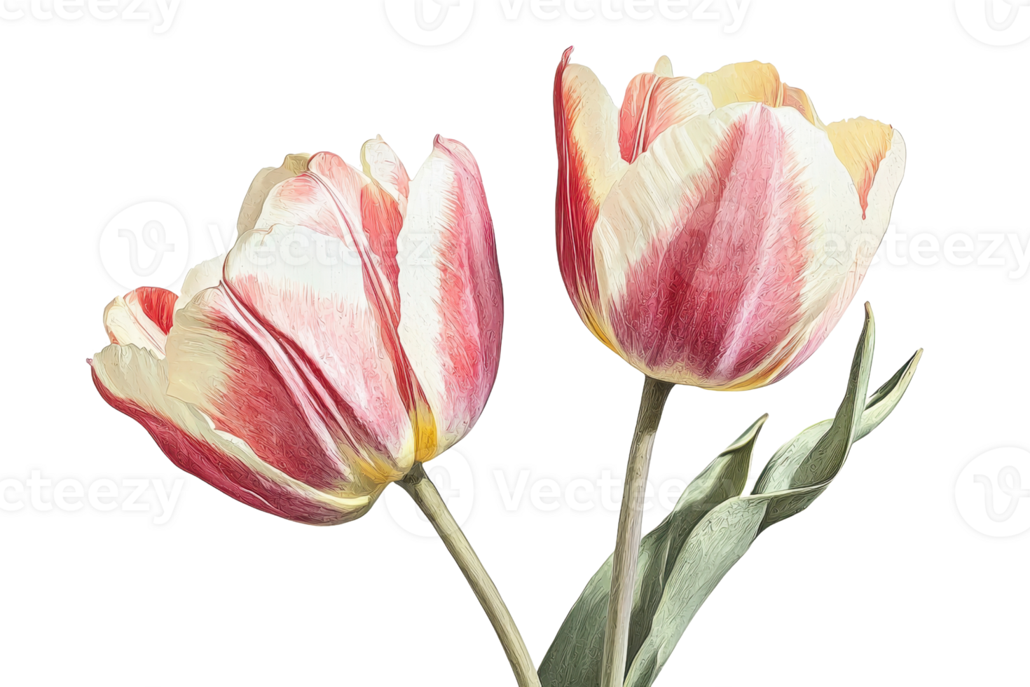 Two vibrant pink and white tulips with delicate petals and long green stems stand elegantly together. png