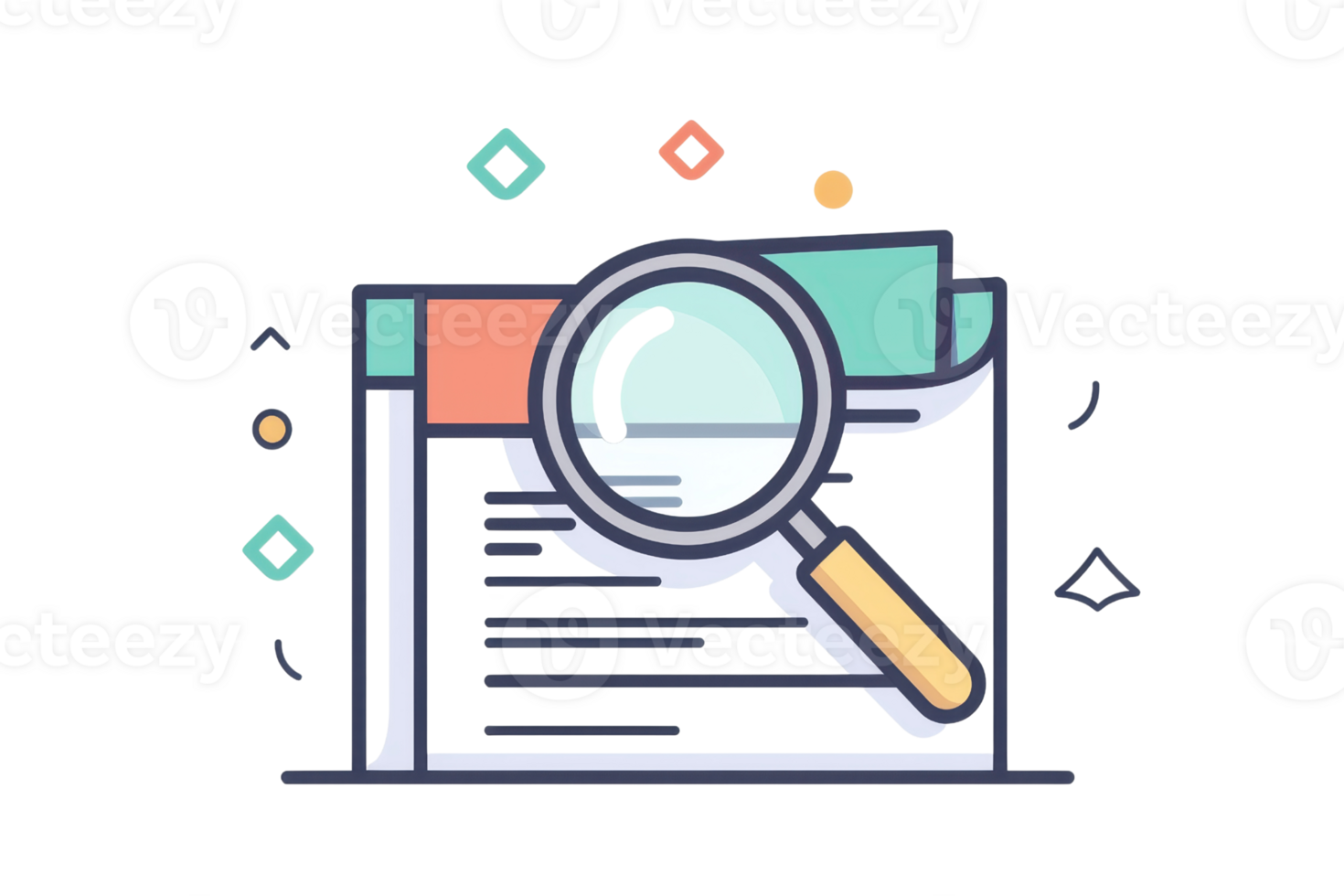 A digital illustration featuring a magnifying glass overlaid on a document, symbolizing search and analysis. png