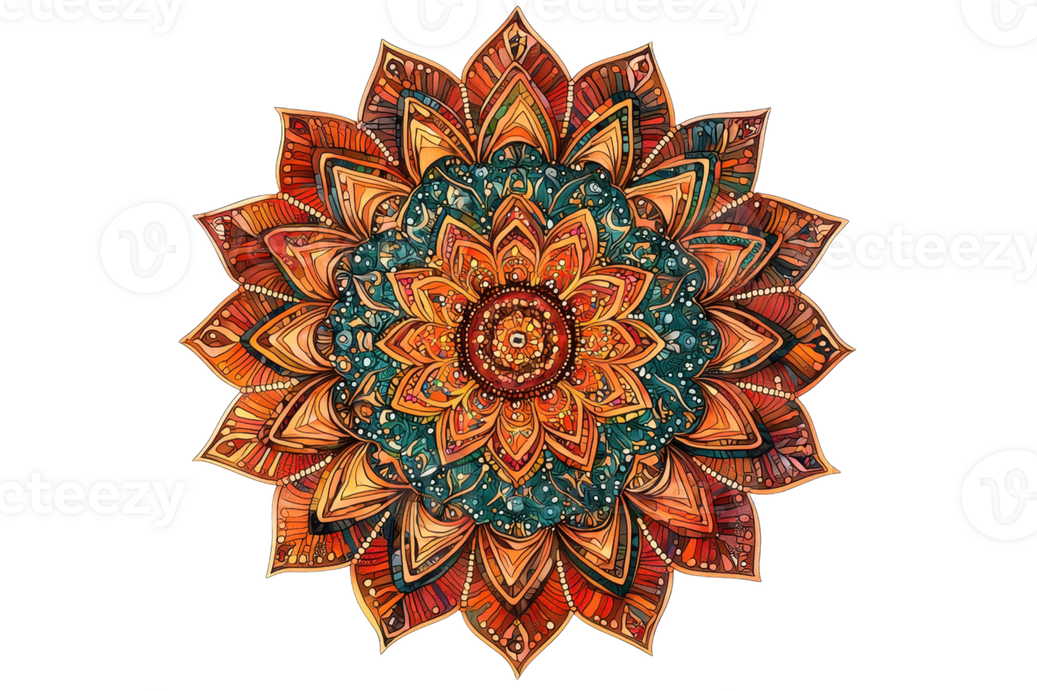 A vibrant mandala featuring intricate patterns and a floral design, radiating in warm hues of orange, red, and teal. png