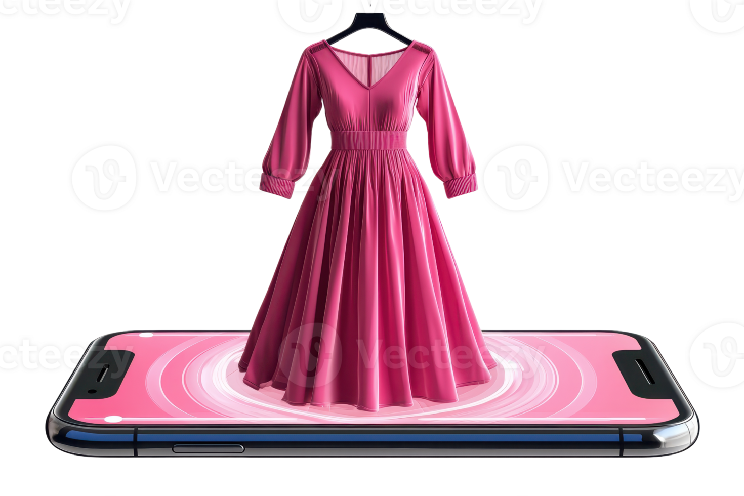 A vibrant pink dress displayed digitally on a smartphone, showcasing modern fashion and technology integration. png