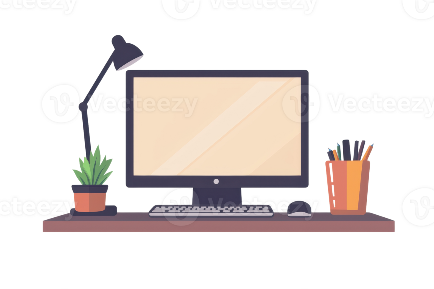 A modern desk setup featuring a computer monitor, keyboard, lamp, potted plant, and a container filled with stationery items. png