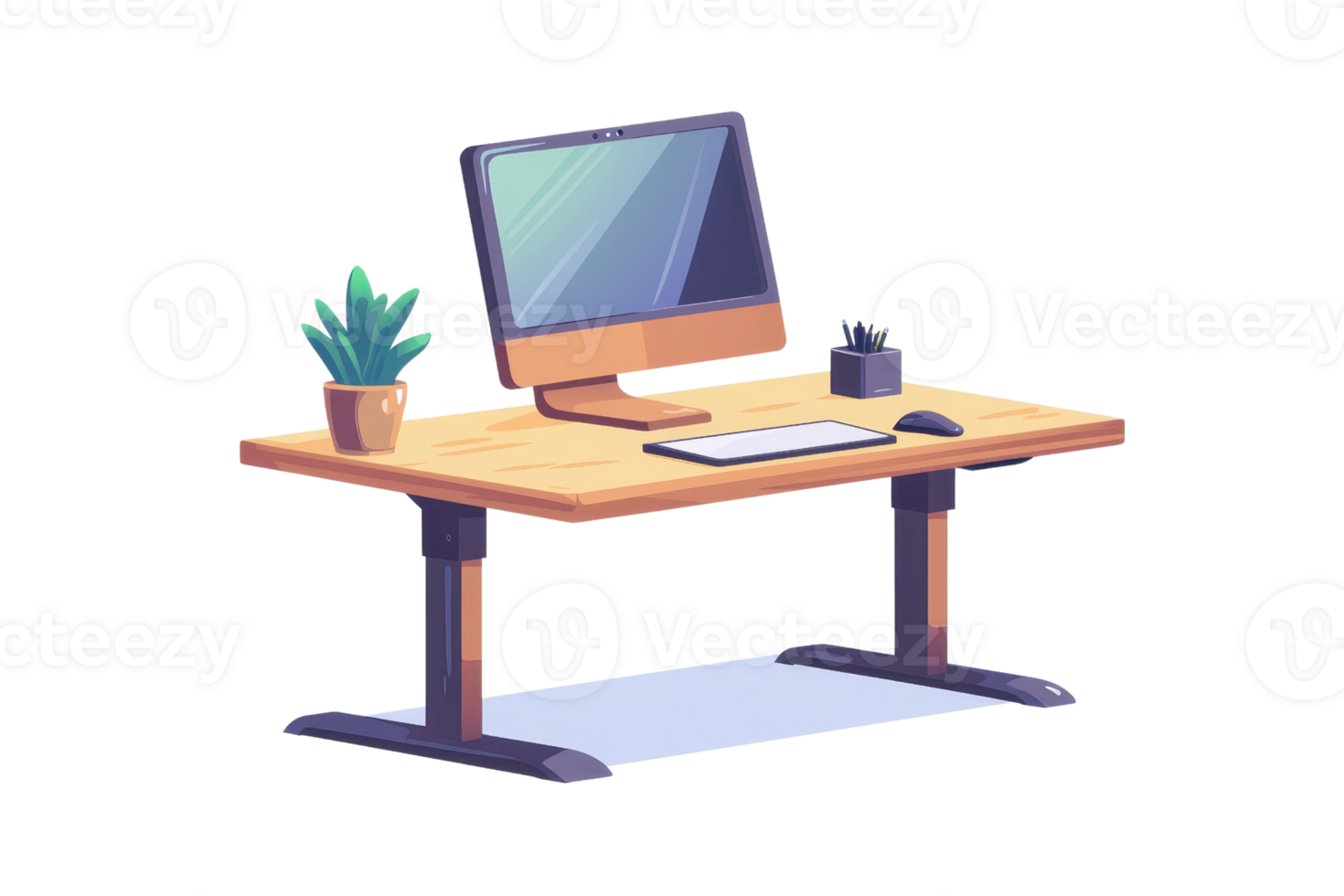A modern desk featuring a computer monitor, keyboard, and potted plant, designed for a workspace environment. png