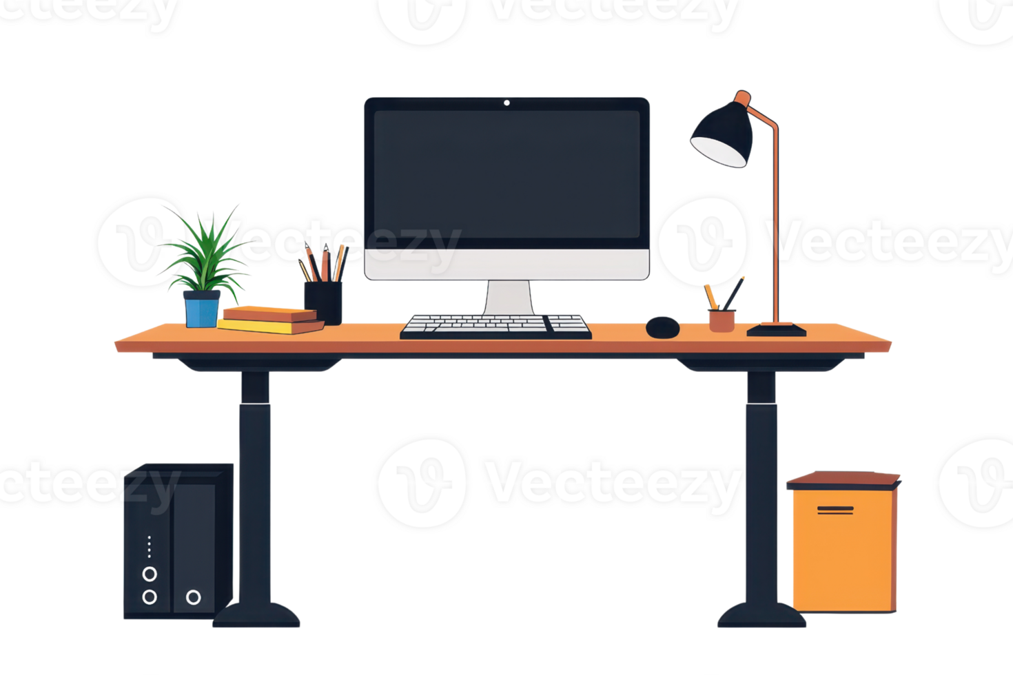 A modern office desk featuring a computer monitor, lamp, plant, and stationery items. png