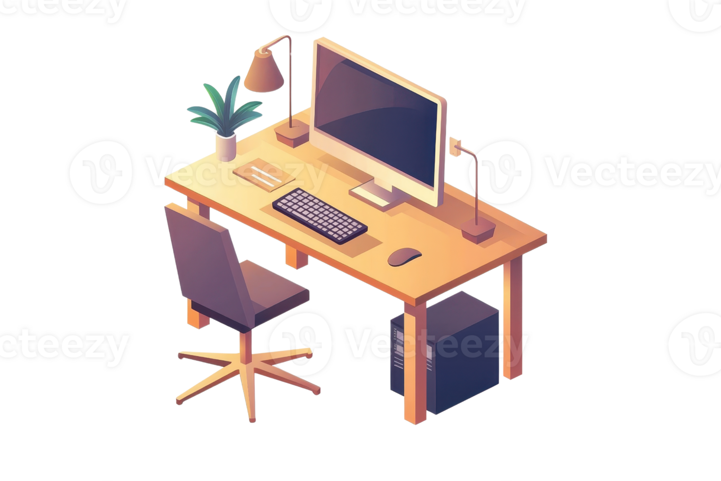 A modern desk with a computer, chair, lamp, and potted plant, designed for a cozy workspace environment. png