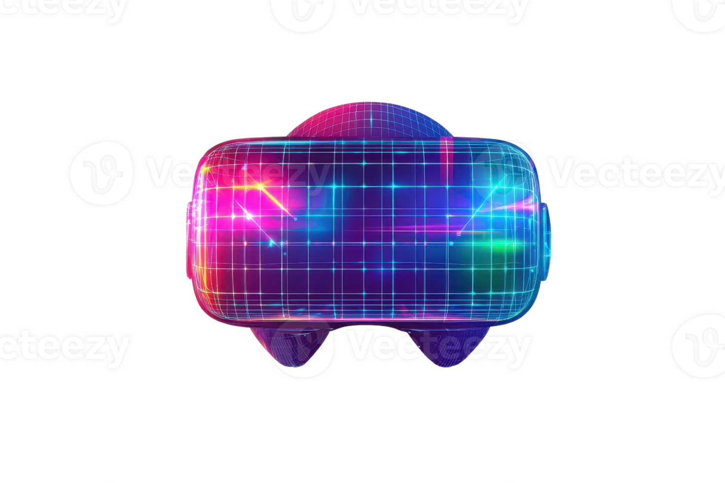 A futuristic virtual reality headset with vibrant, colorful lights and a grid pattern, symbolizing advanced technology and immersive experiences. png