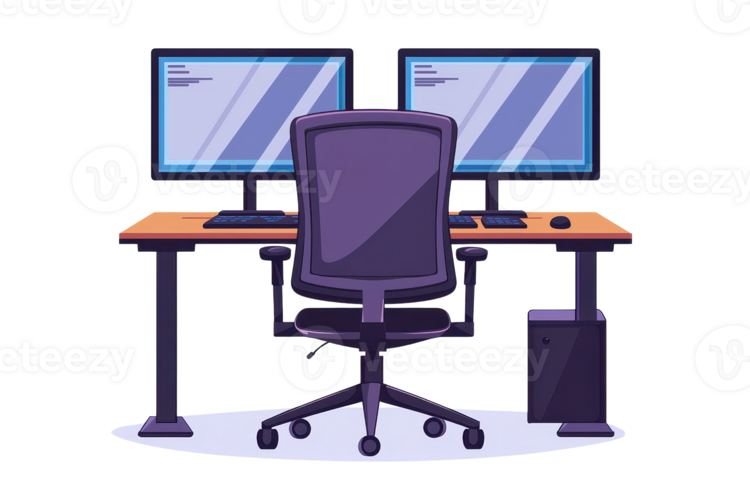 A modern workstation featuring a desk, dual monitors, ergonomic chair, and a computer tower, designed for productivity and comfort. png