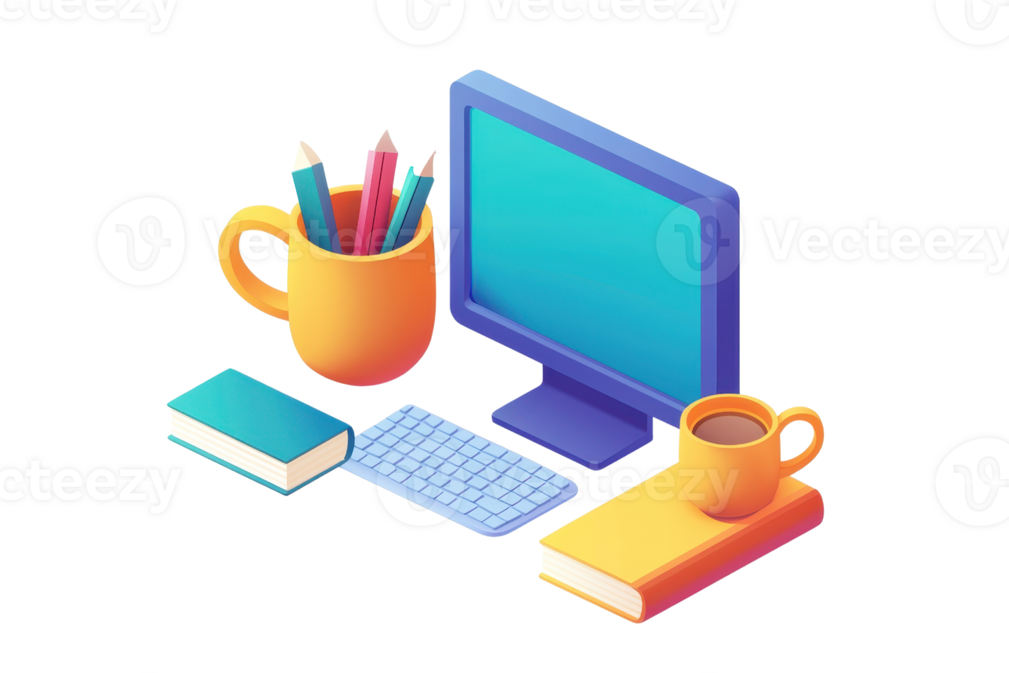 A colorful desk setup includes a computer, keyboard, books, and mugs filled with pens and coffee. png
