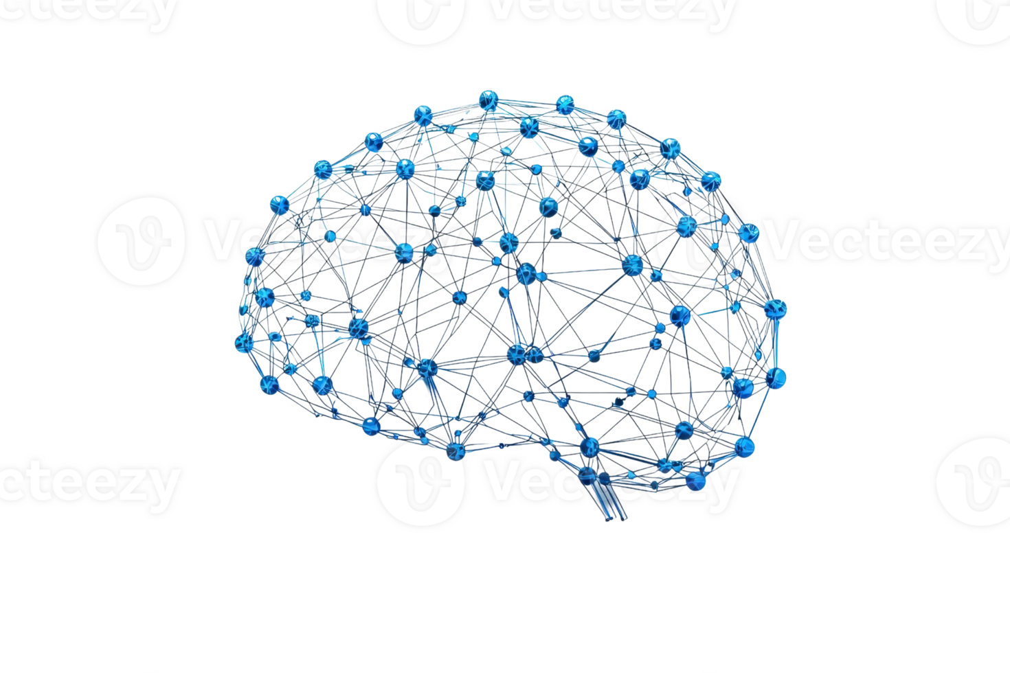 A digital representation of a brain structure connected by a network of blue nodes, symbolizing neural connections and cognitive processes. png