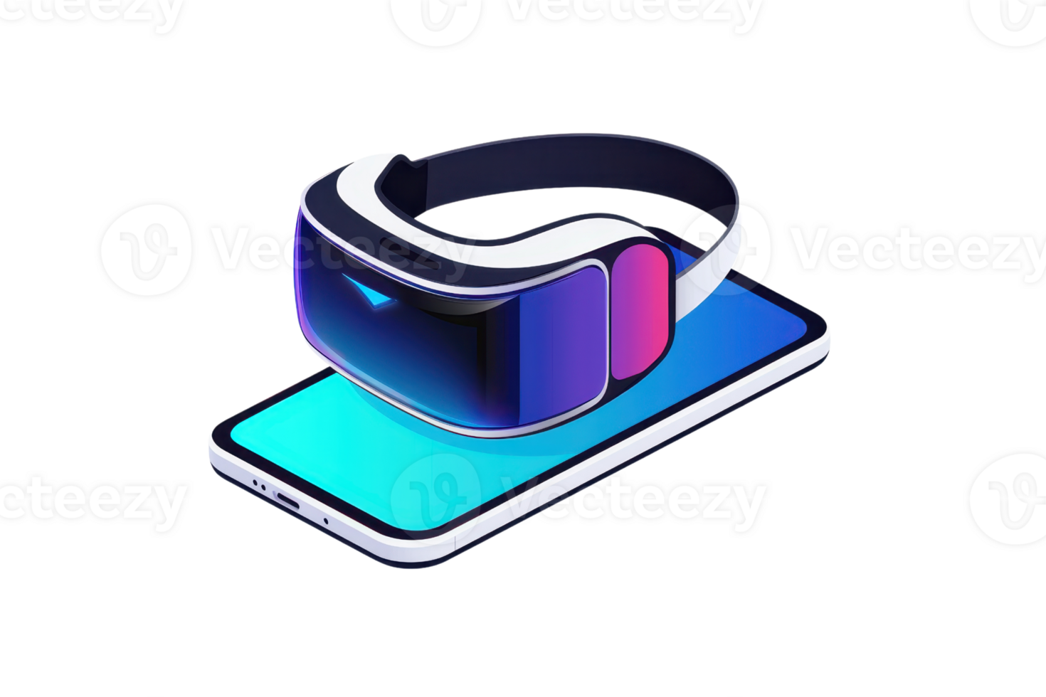 A virtual reality headset is displayed on a smartphone, showcasing modern technology and immersive experiences. png