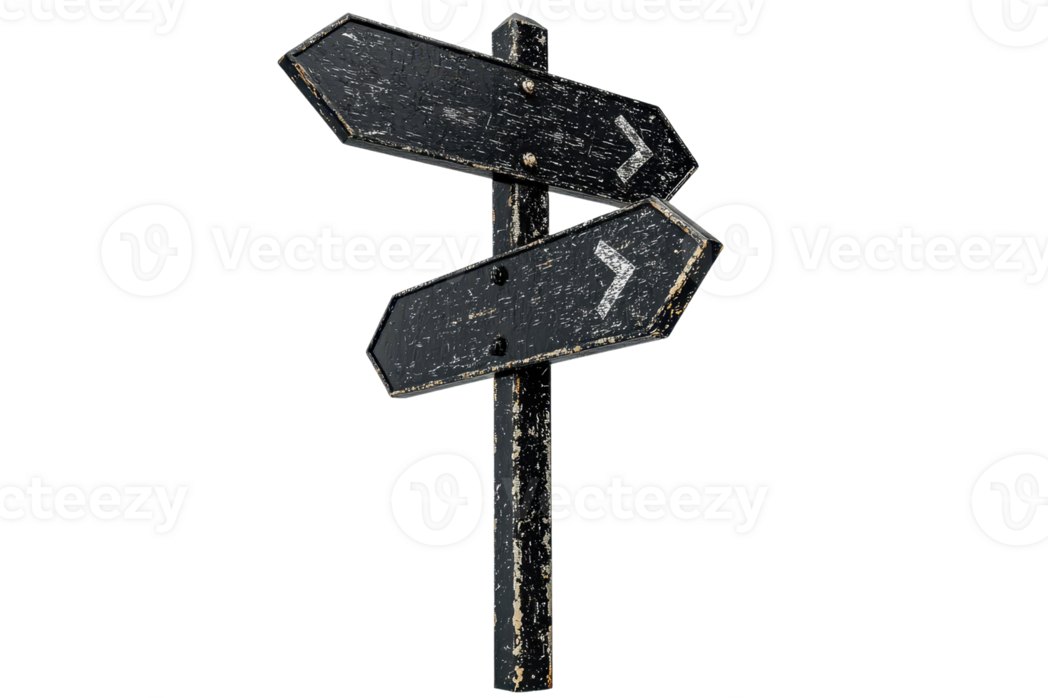 A weathered, dual-arrow street sign indicating directions, featuring faded markings and a rustic appearance. png