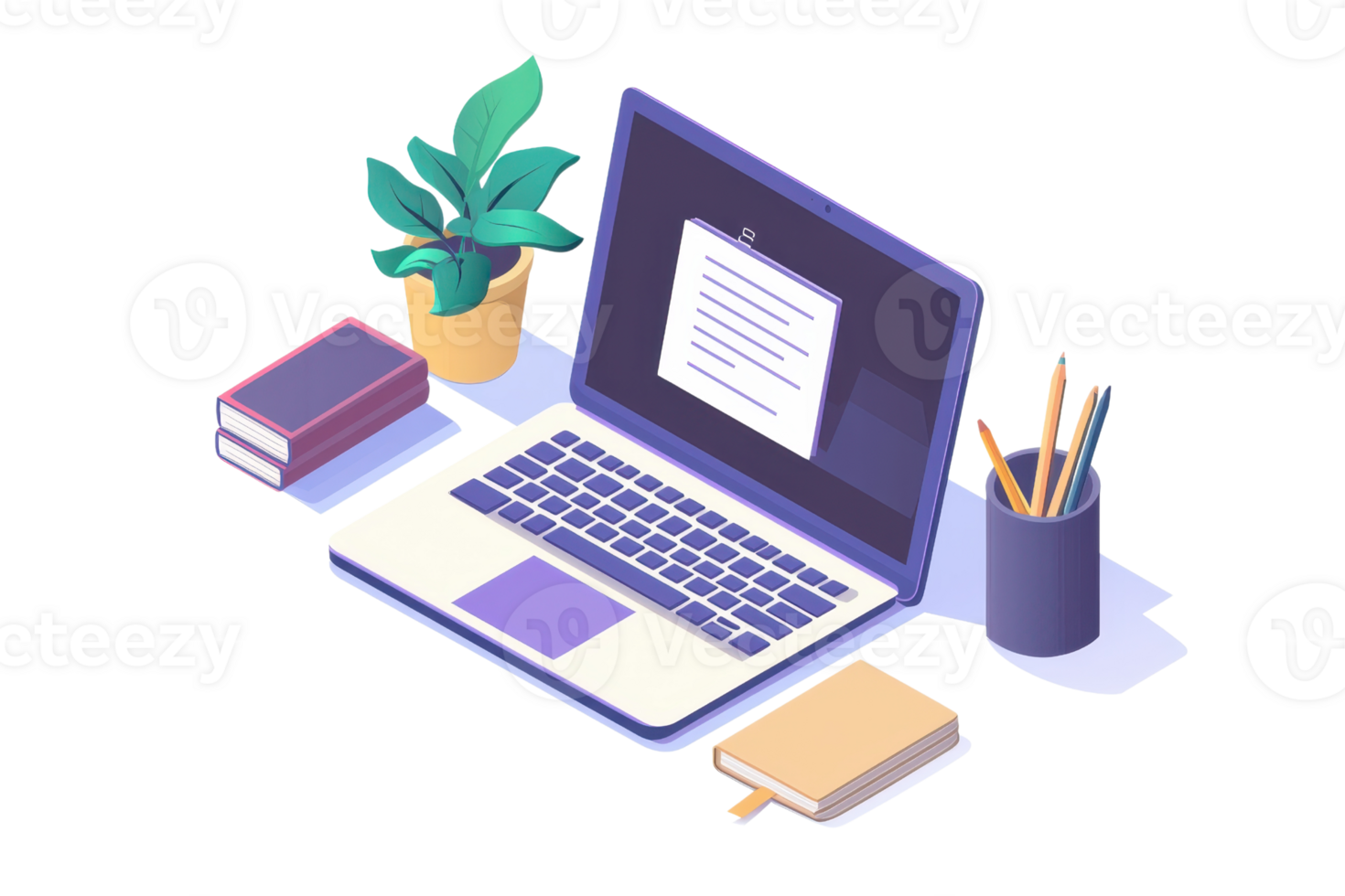 A modern laptop sits on a desk, surrounded by books, a plant, and stationery, showcasing an organized workspace. png