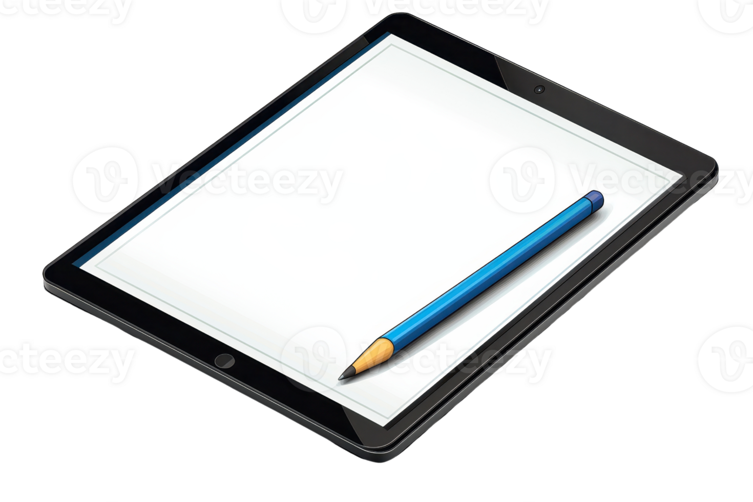 A digital tablet with a blank screen and a blue pencil resting beside it. png