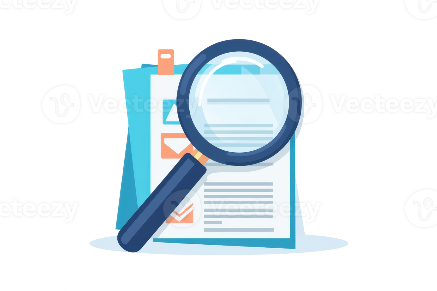 A magnifying glass over a document or report with checkmarks, indicating review or analysis. png