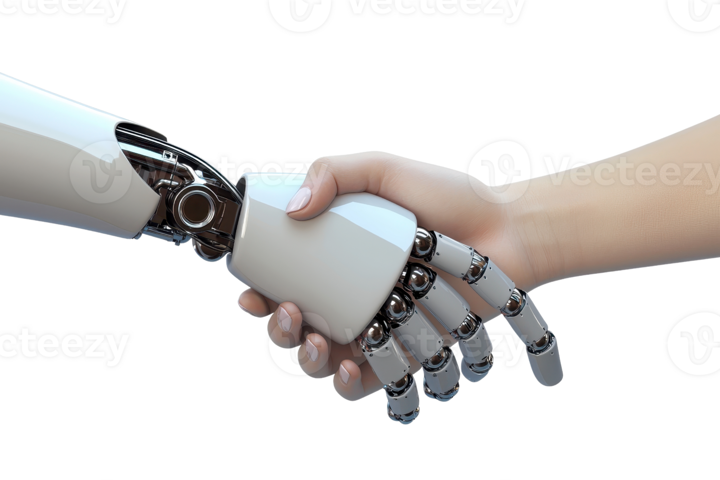 A robotic hand shakes hands with a human hand, symbolizing partnership and collaboration between technology and humanity. png