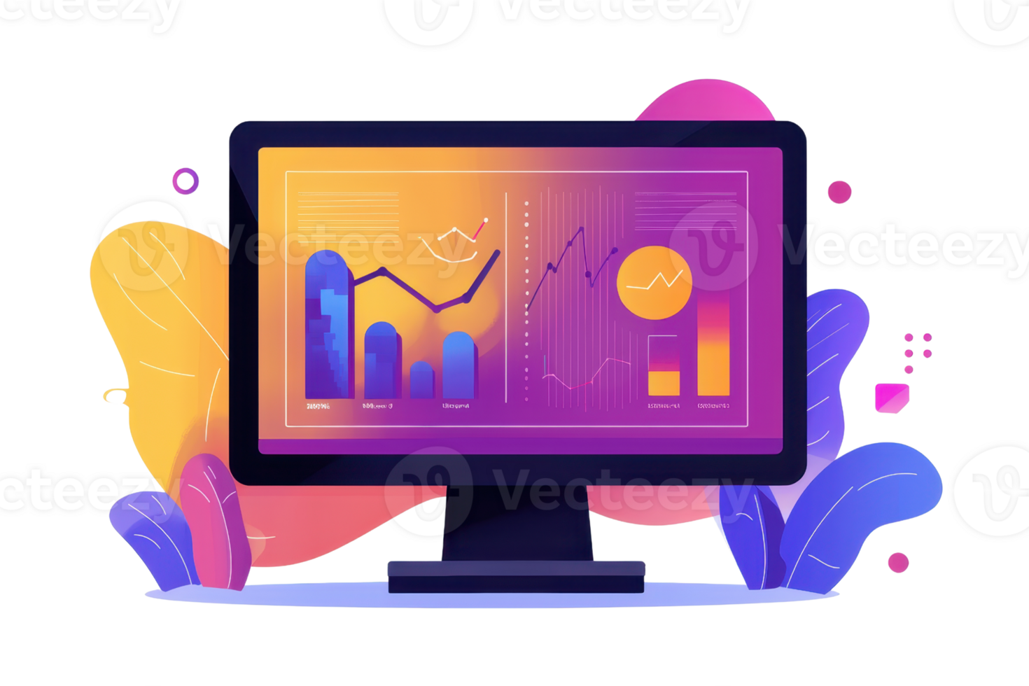 A colorful digital screen displaying dynamic financial graphs and data visualizations. png