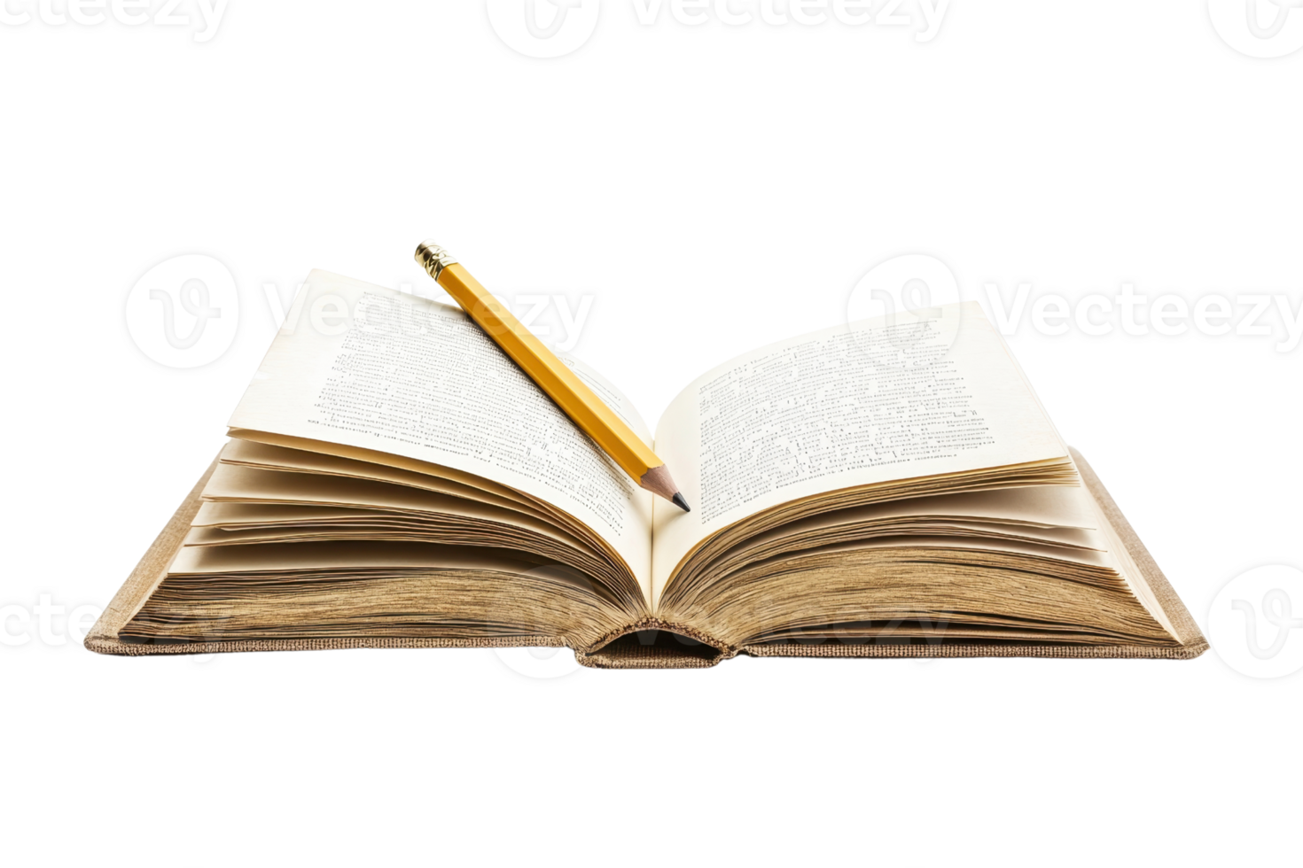 An open book with pages slightly curled, accompanied by a yellow pencil resting on top. png