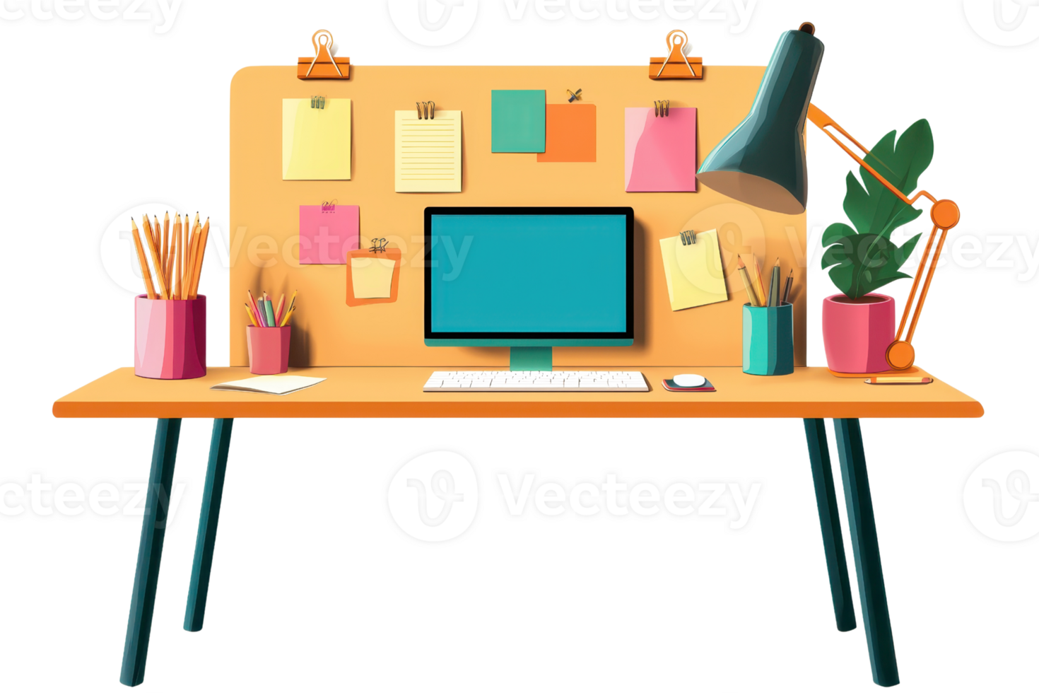 A colorful desk setup featuring a computer, pens, sticky notes, and a plant, designed for a creative workspace. png