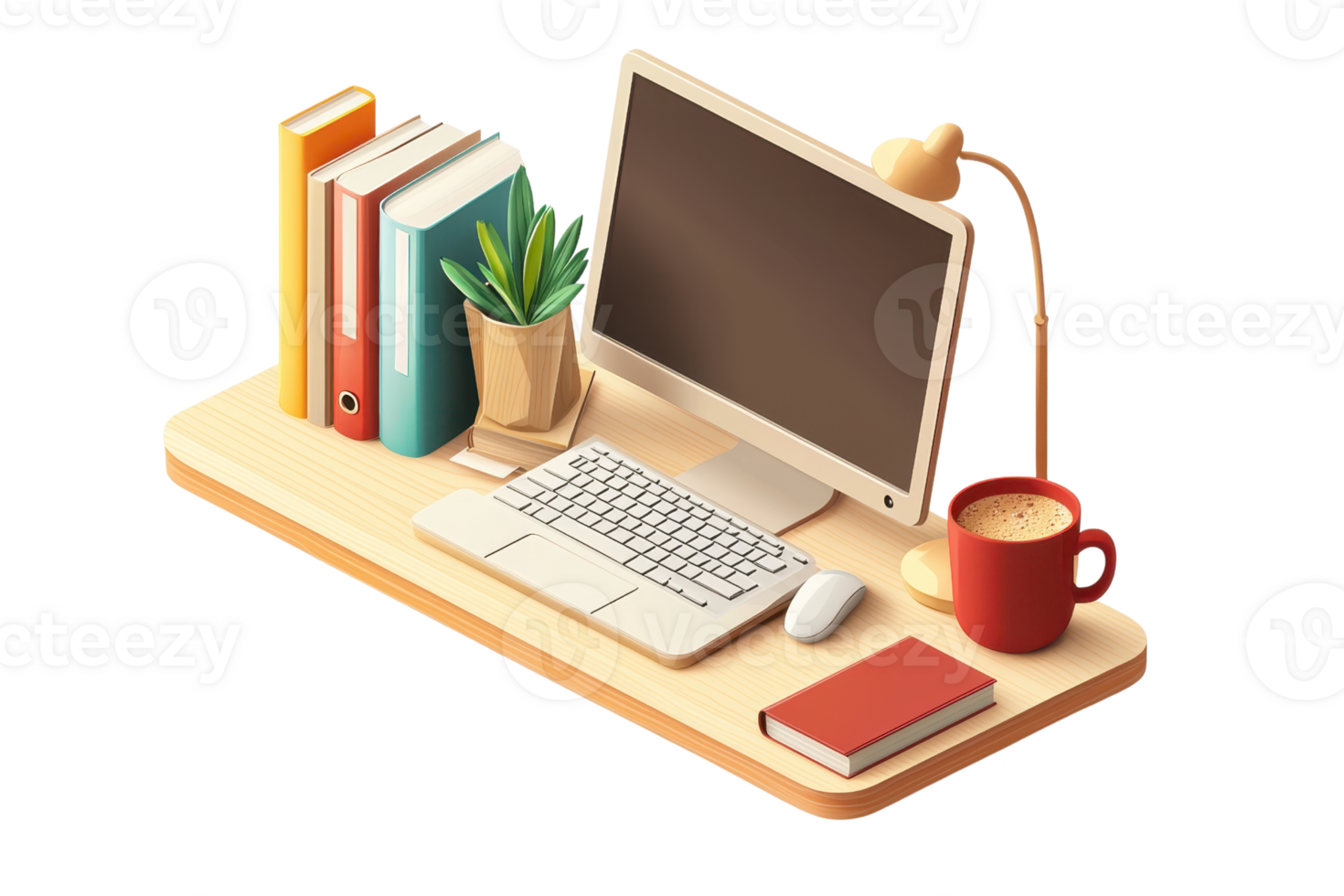 A stylized workspace featuring a computer, keyboard, books, a plant, and a coffee cup, creating an inviting study atmosphere. png
