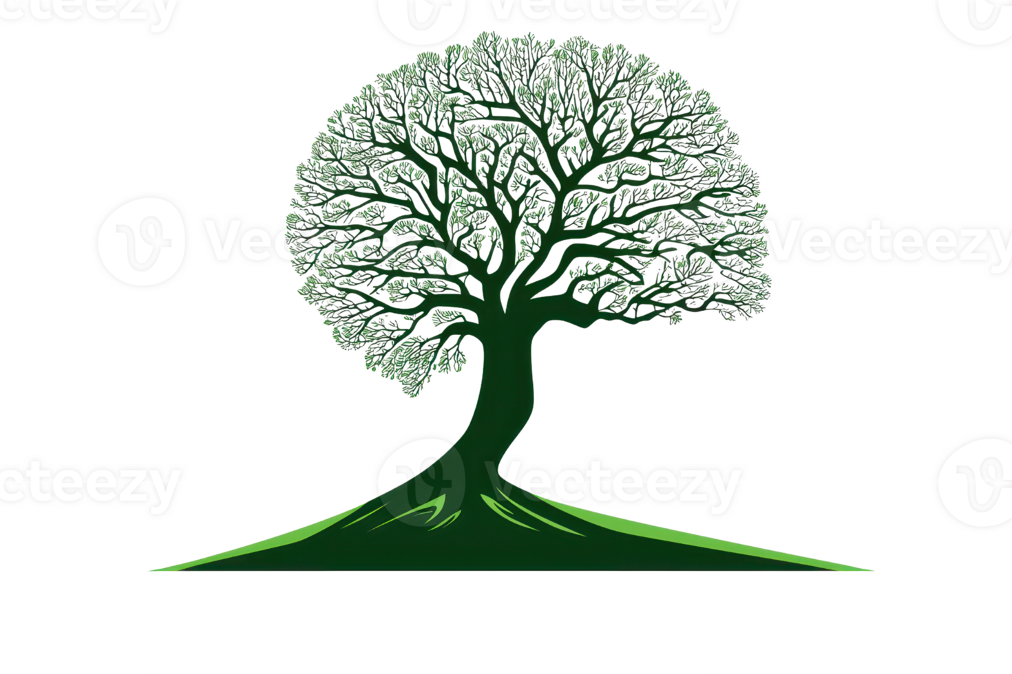 A stylized green tree with a broad canopy and sturdy trunk, set on a sloped base. png