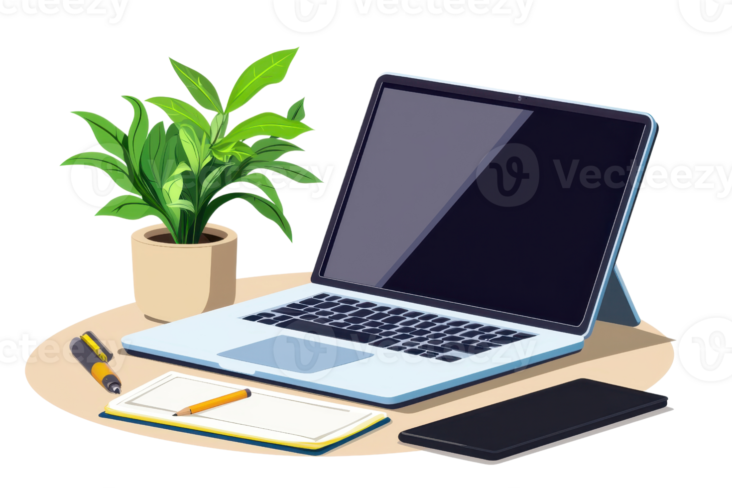 A sleek laptop rests on a circular desk alongside a notebook, pen, smartphone, and a decorative potted plant. png