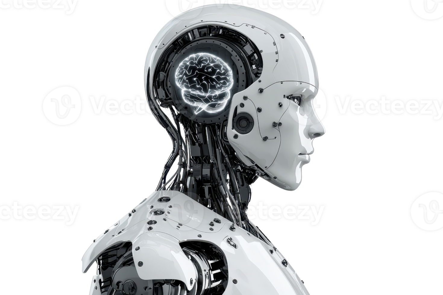 A humanoid robot head showcasing intricate circuitry and a glowing brain design. png