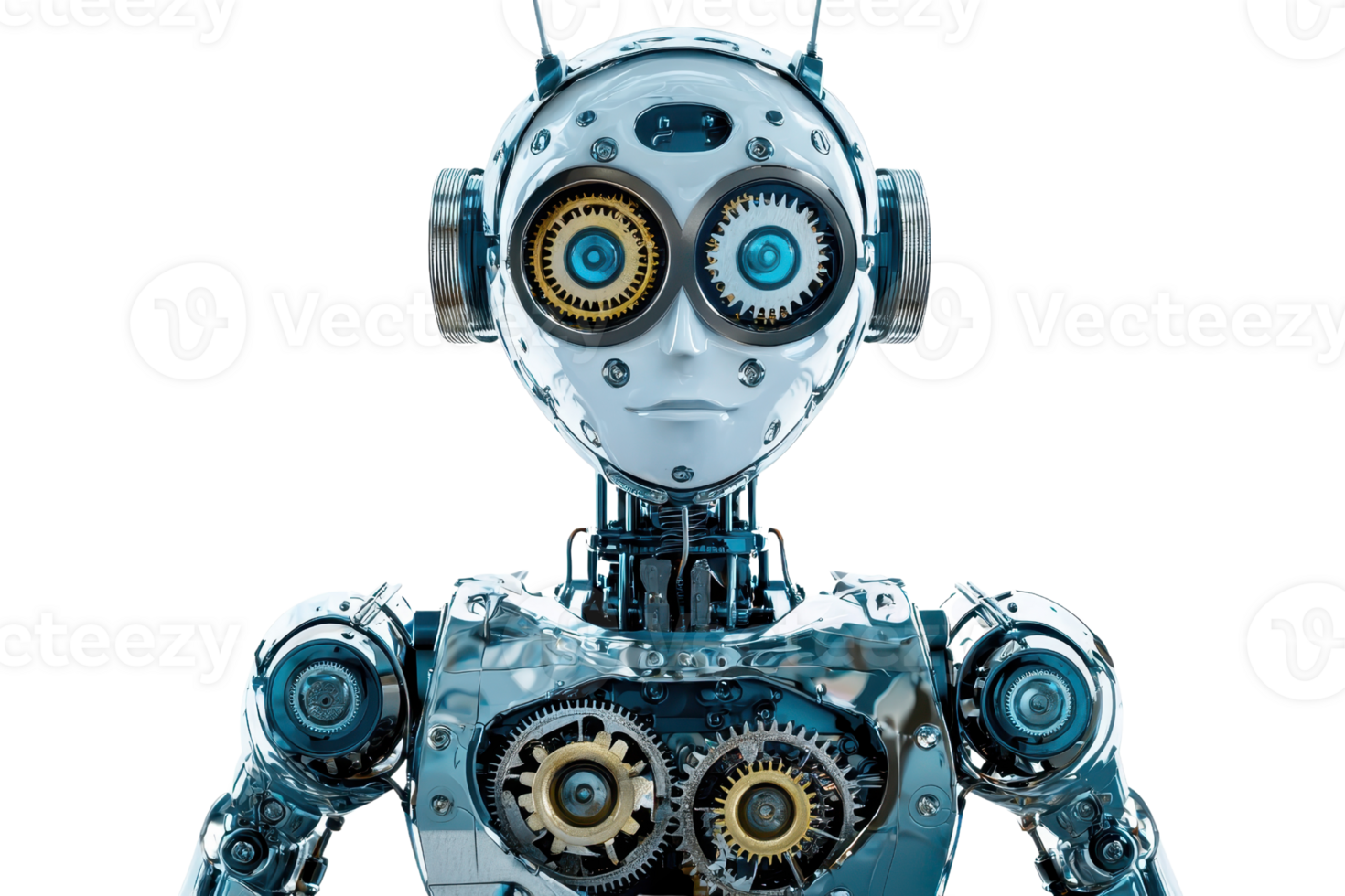 A humanoid robot with intricate gears and bright blue eyes, showcasing a blend of technology and design. png