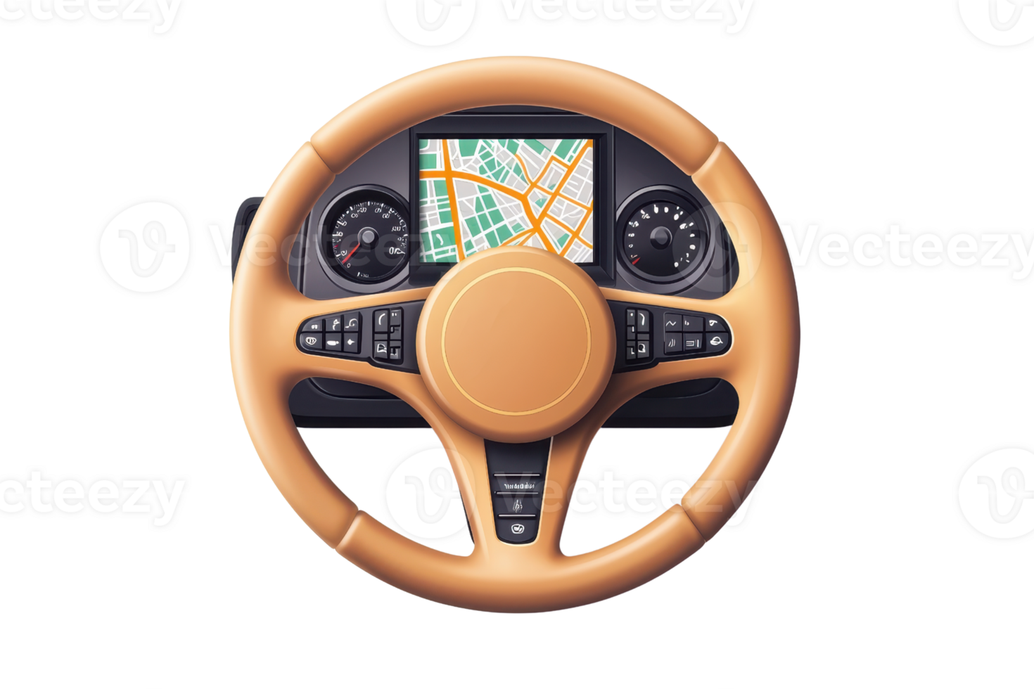 A detailed steering wheel featuring a built-in navigation screen, representing modern car technology and design. png