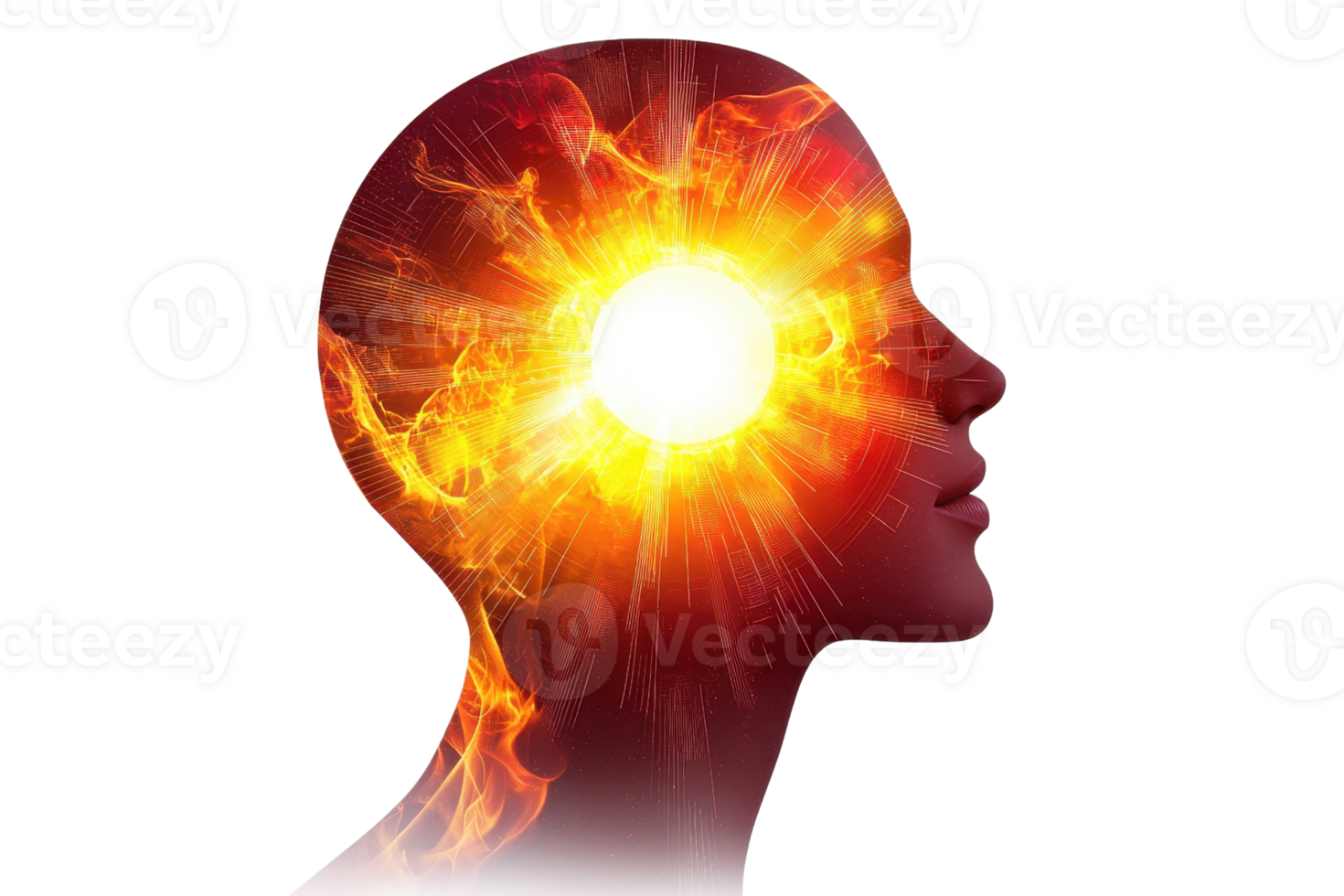 A silhouette of a human head with a fiery explosion at the forehead, symbolizing enlightenment and powerful thoughts. png