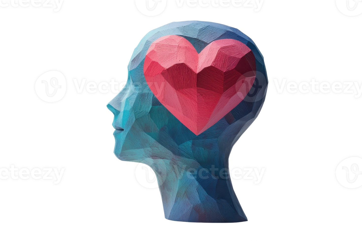 A stylized human head features a vibrant, geometric heart shape, symbolizing love and emotion. png