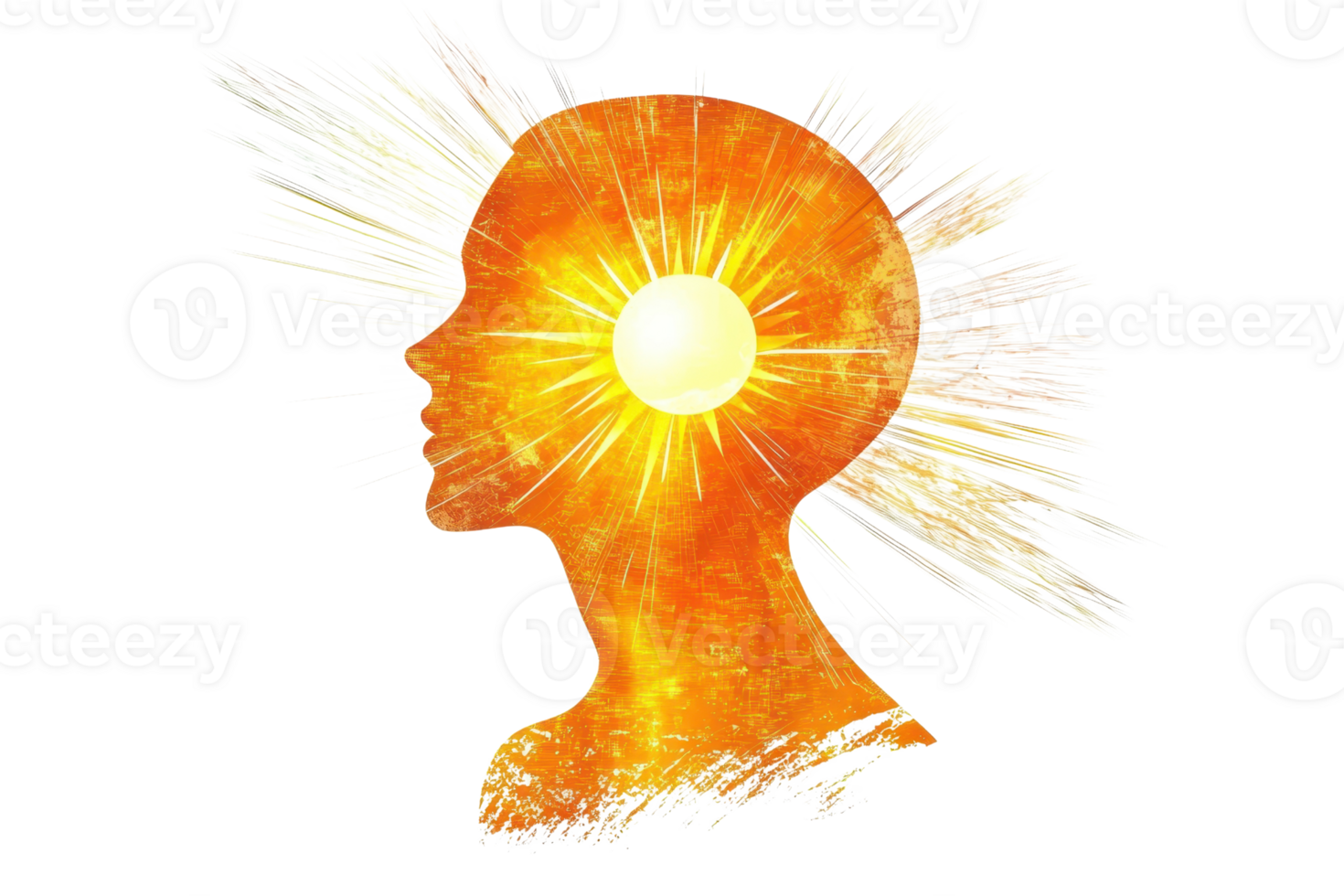 A vibrant silhouette of a head with a bright sun at the center, radiating rays, symbolizing enlightenment and creativity. png