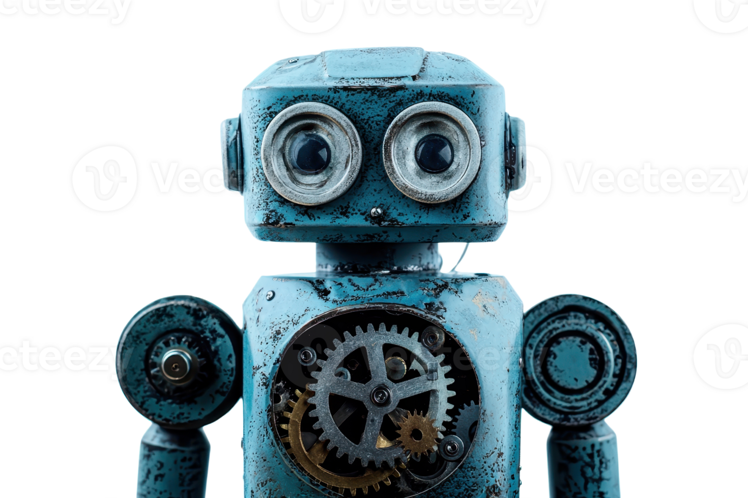 A vintage robotic figure with large eyes and exposed gears, displaying a classic, nostalgic design in a blue color scheme. png