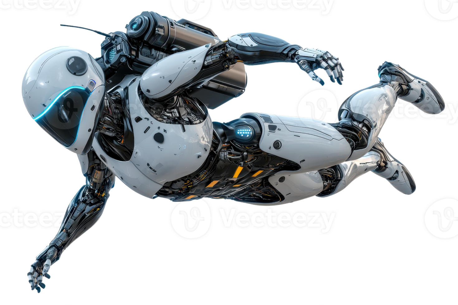 A futuristic robot astronaut equipped with a jetpack, showcasing advanced technology and a sleek, humanoid design in a dynamic flying pose. png