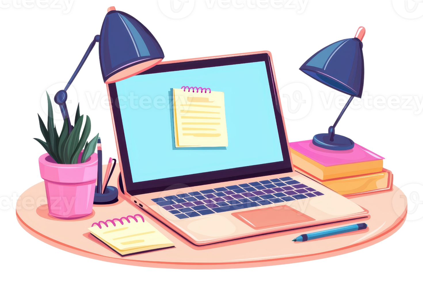 A stylish workspace with a laptop, desk lamps, a plant, sticky notes, and books neatly arranged on a round desk. png