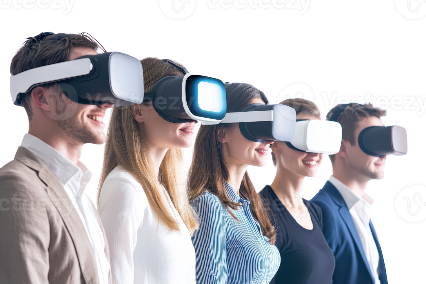 A group of five people wearing virtual reality headsets, seemingly engaged in an immersive experience, with varying styles of headsets. png