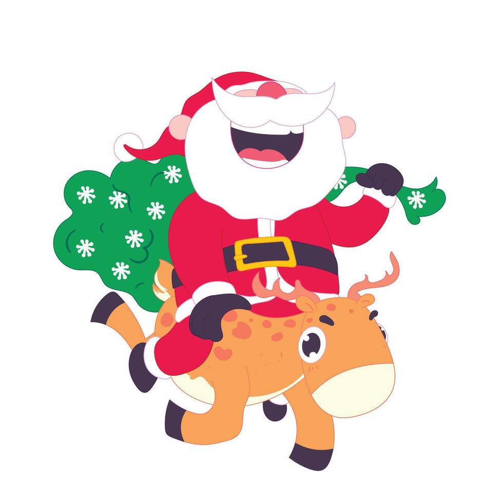 Cheerful Santa Claus riding a reindeer with a big gift bag, cartoon Christmas illustration. vector