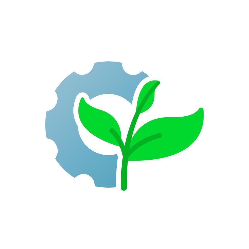 Eco friendly industrial logo, gear and sprouting tree. technological advancement with environmental sustainability. for businesses in green technology, renewable energy, or sustainable manufacturing vector