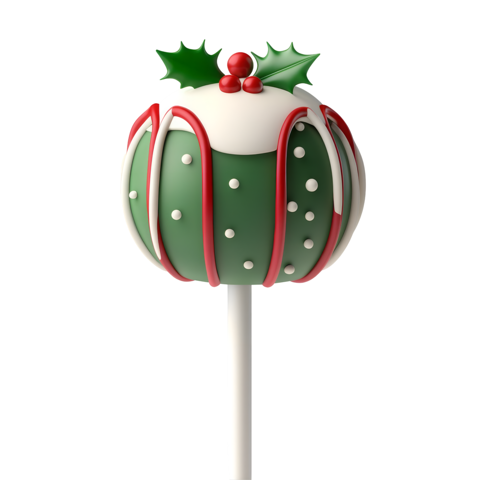 A festive lollipop designed like a Christmas pudding, featuring green icing, white frosting, red accents, and holly decorations. png