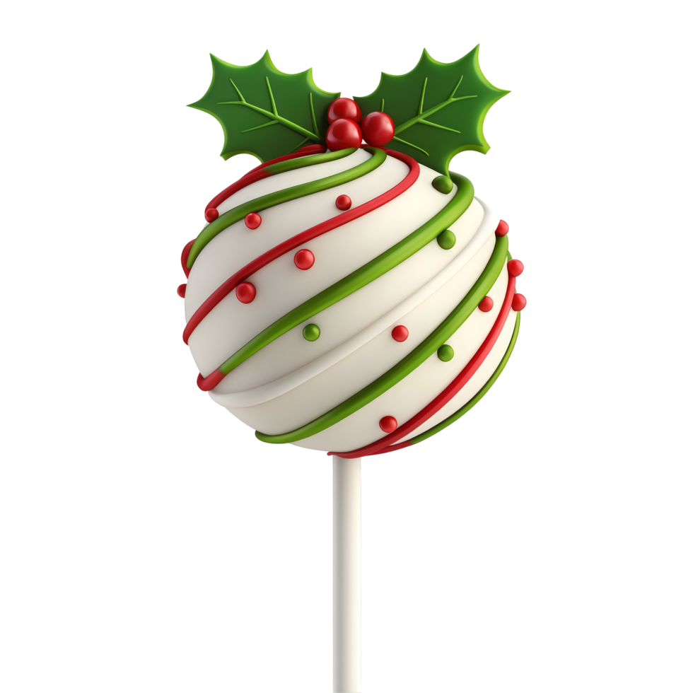 A festive candy pop designed with red and green swirls, topped with holly, perfect for holiday celebrations. png