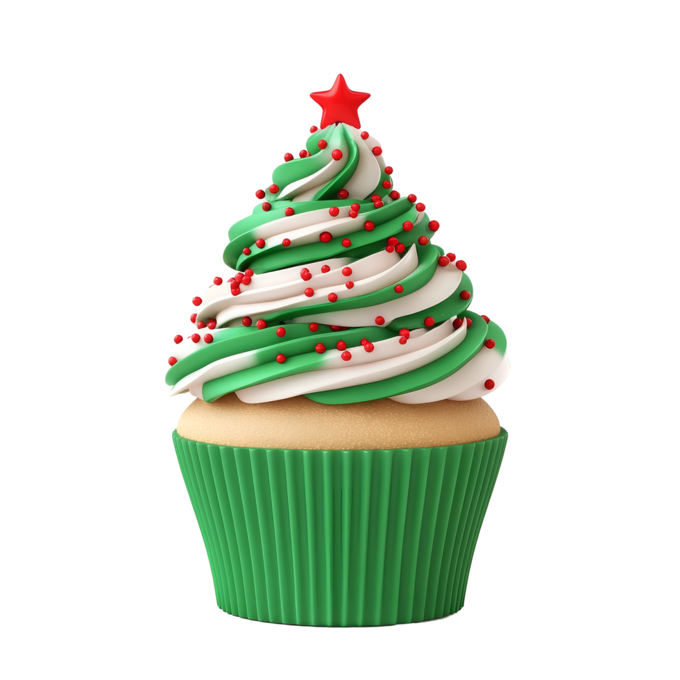 A festive cupcake decorated like a Christmas tree with green frosting, red sprinkles, and a star on top. png