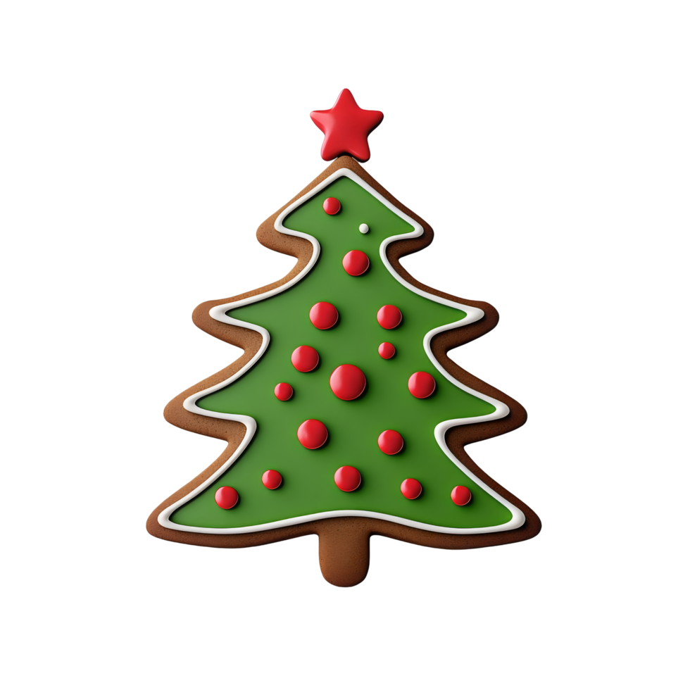 A festive gingerbread cookie shaped like a Christmas tree, decorated with green icing, red dots, and a red star on top, perfect for holiday celebrations. png