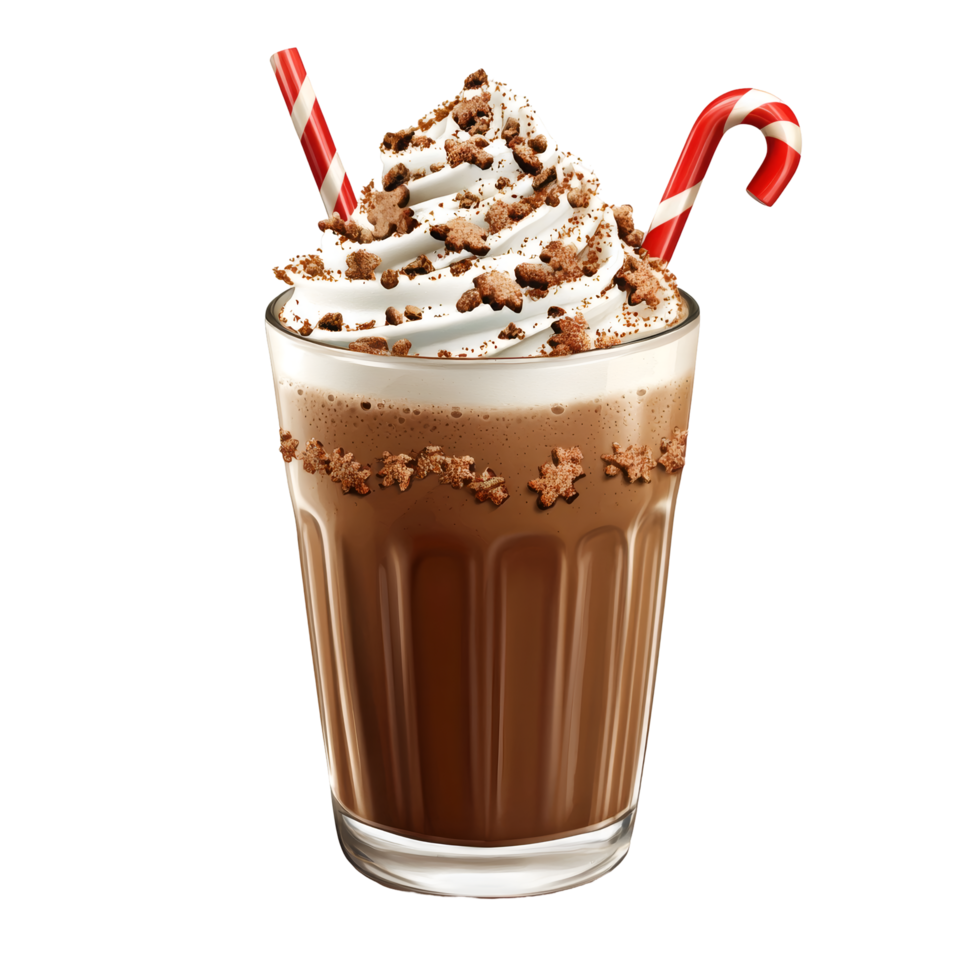 A delicious chocolate milkshake topped with whipped cream, cookie crumbs, and festive red-and-white straws. png