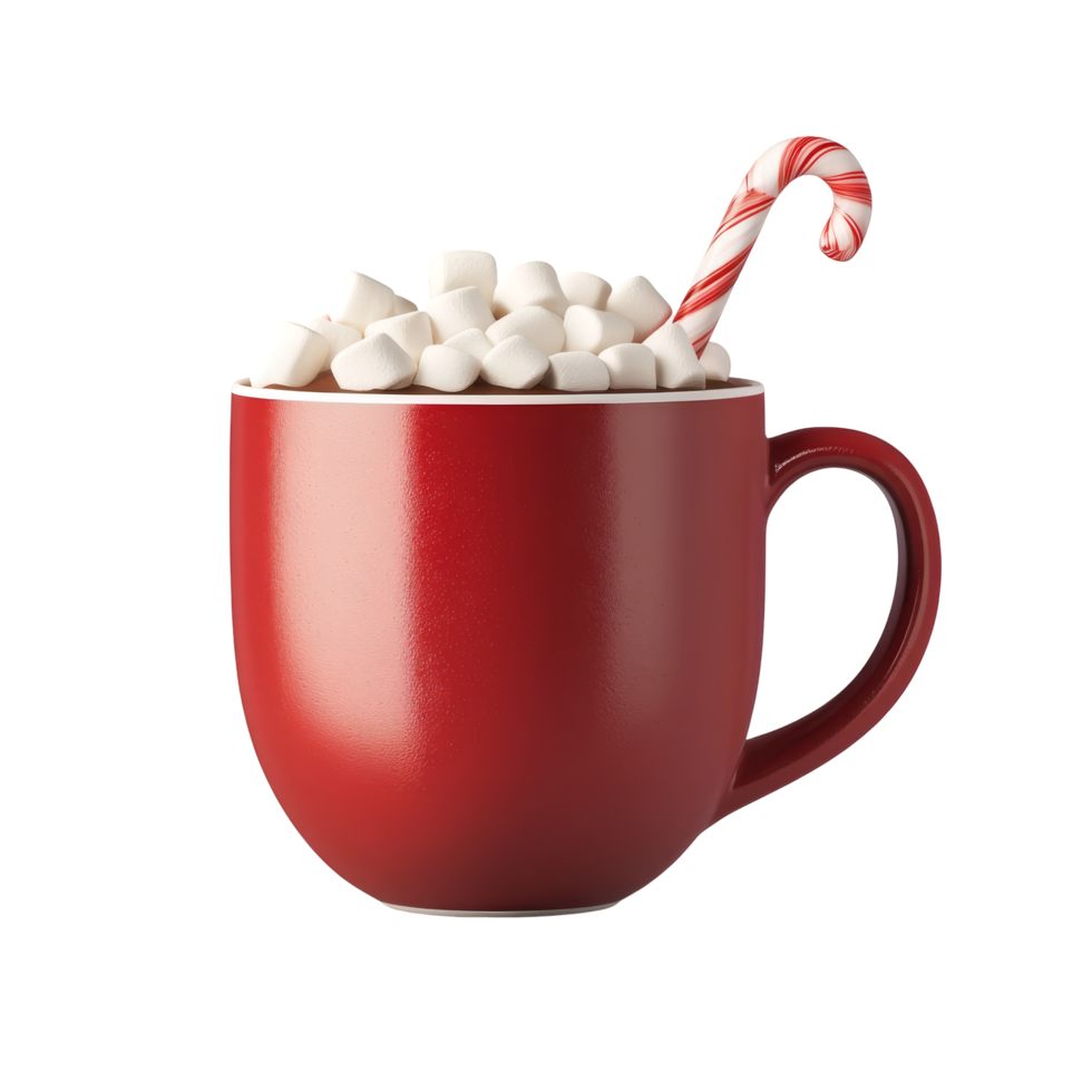 A cozy red mug filled with marshmallows and topped with a candy cane, perfect for enjoying hot cocoa during the winter season. png